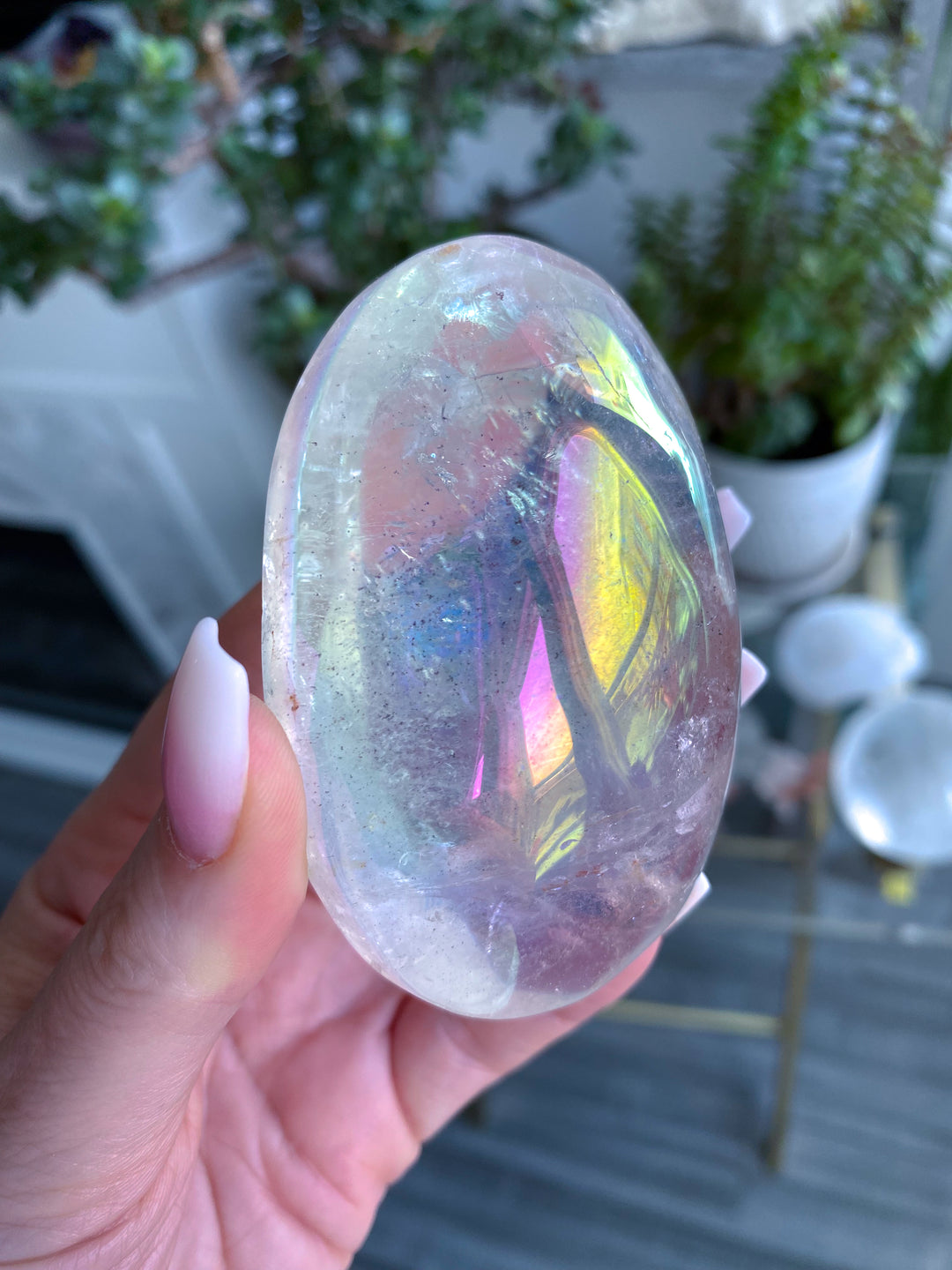 Jumbo Angel Aura Clear Quartz Palm Stone - Inclusions