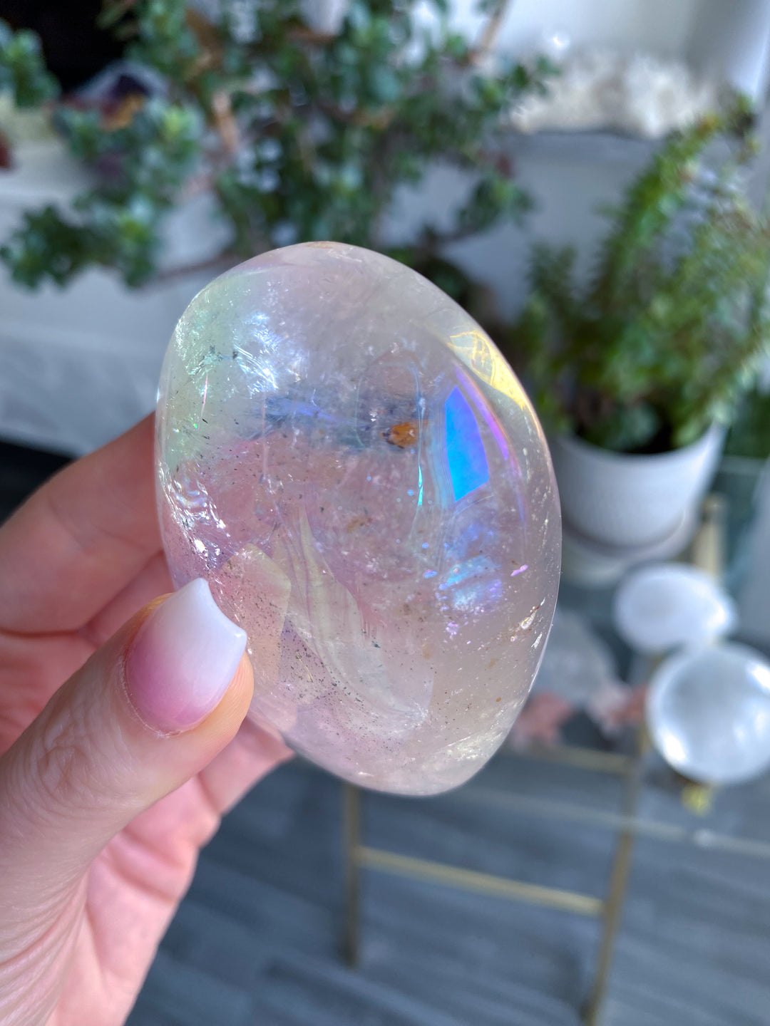 Jumbo Angel Aura Clear Quartz Palm Stone - Inclusions