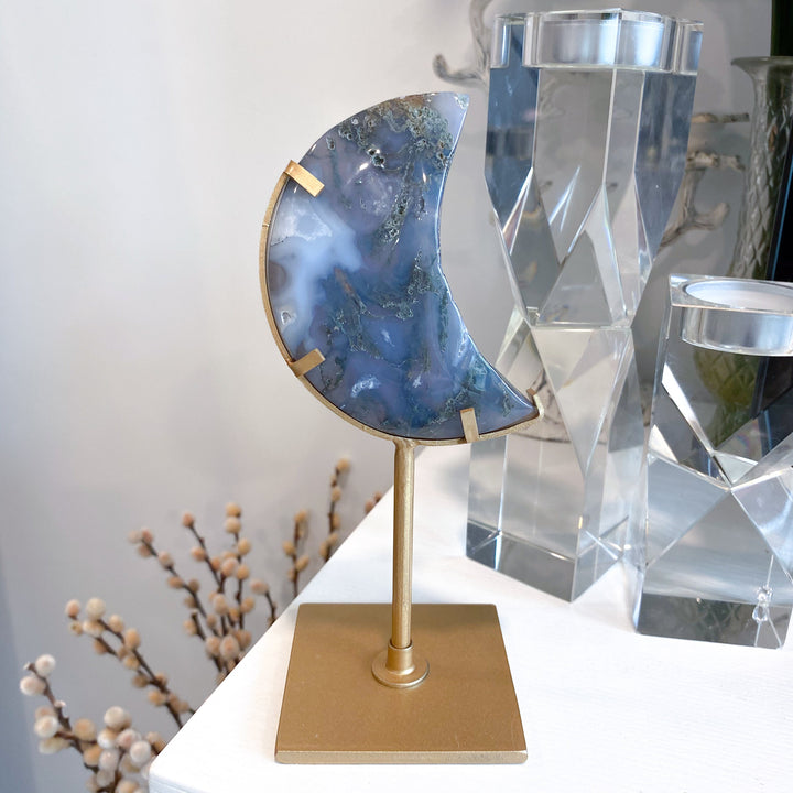 Green Moss Agate Moon on Custom Stand #4
