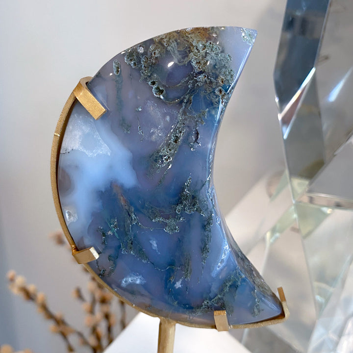 Green Moss Agate Moon on Custom Stand #4