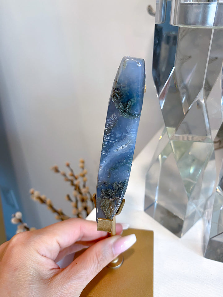 Green Moss Agate Moon on Custom Stand #4