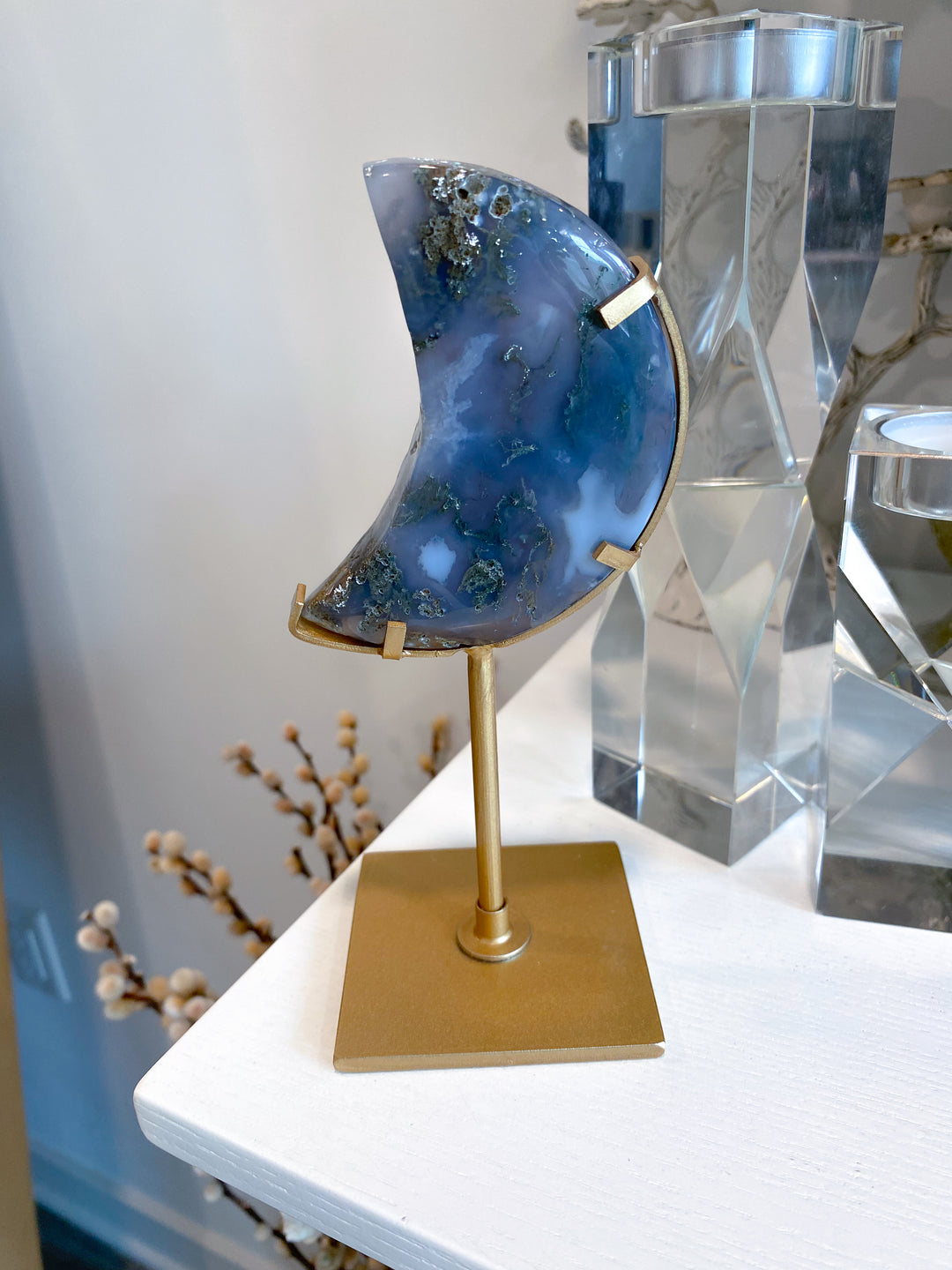 Green Moss Agate Moon on Custom Stand #4