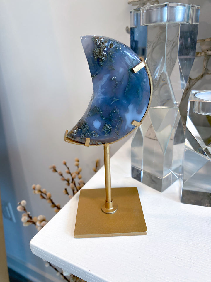 Green Moss Agate Moon on Custom Stand #4