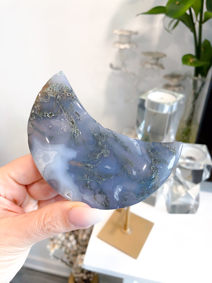 Green Moss Agate Moon on Custom Stand #4