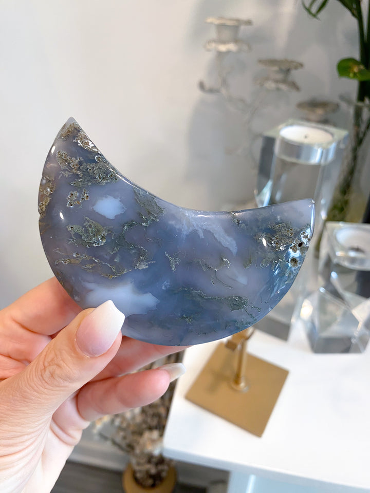 Green Moss Agate Moon on Custom Stand #4