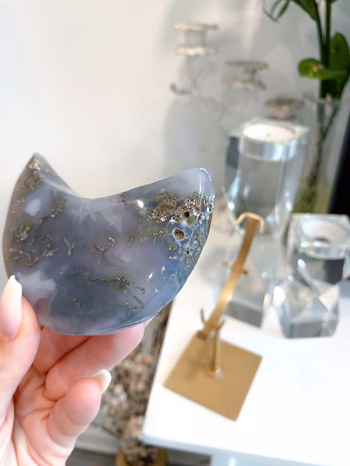 Green Moss Agate Moon on Custom Stand #4