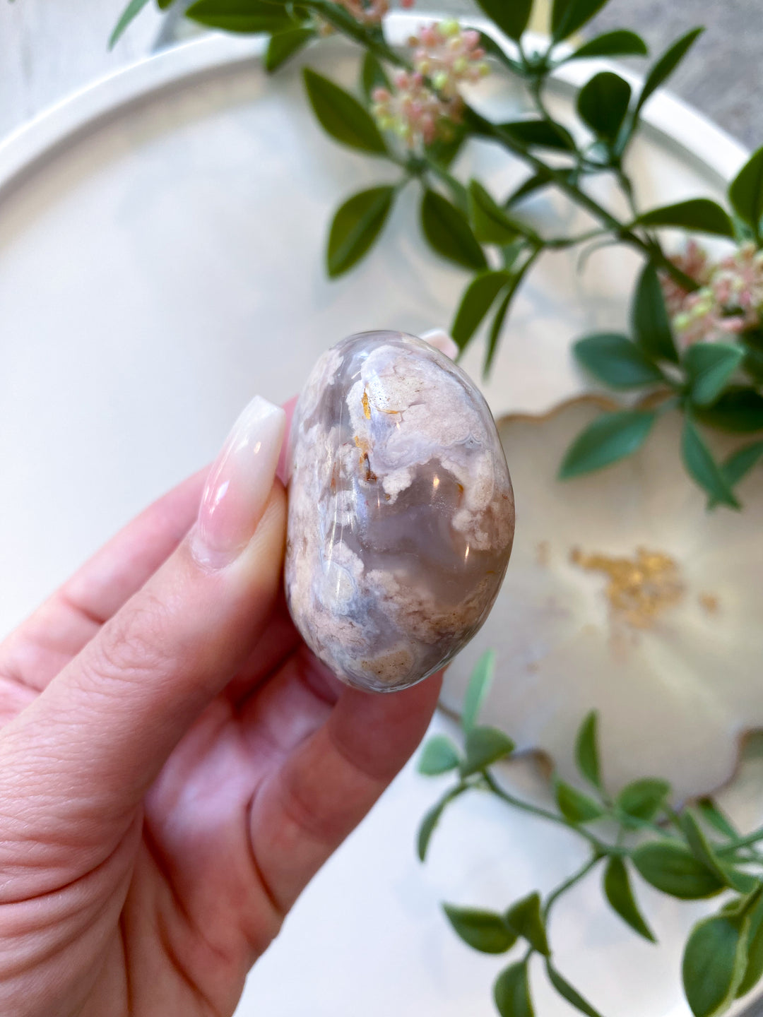 Flower Agate Palm Stone with Cave