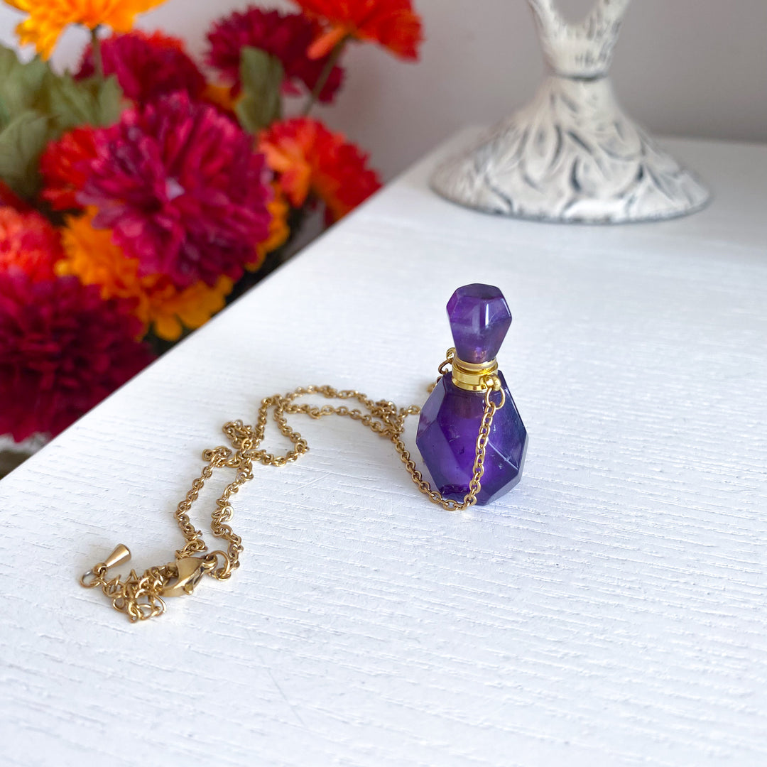 Amethyst Perfume Bottle Necklace - Essential Oil Holder
