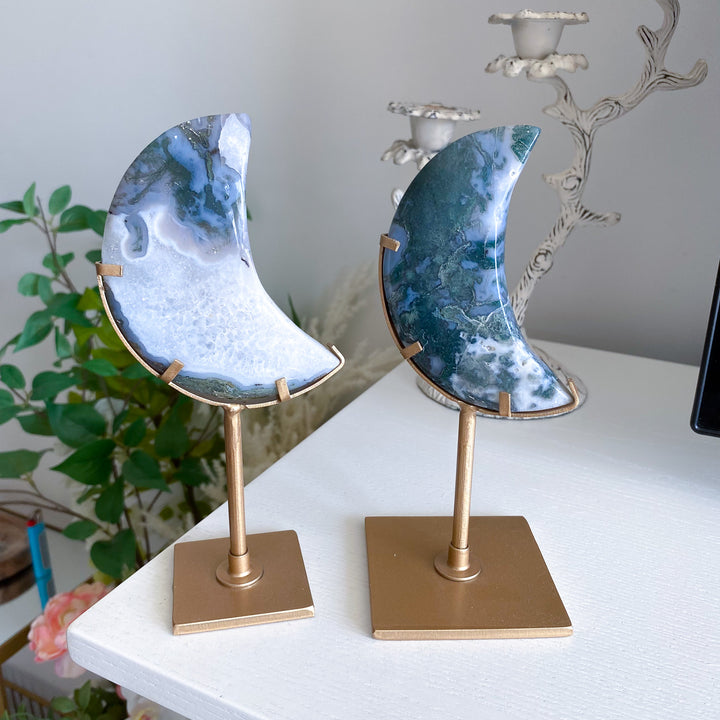 Green Moss Agate Moon on Custom Stand