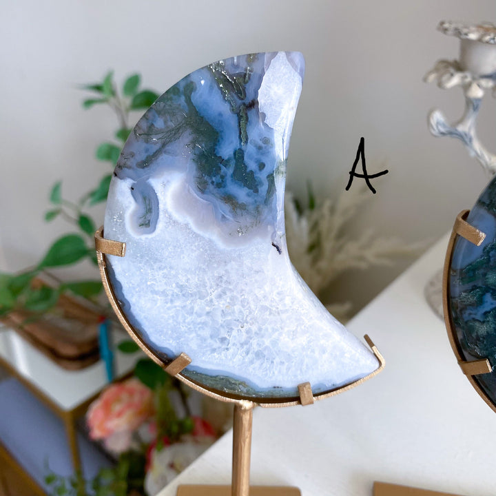 Green Moss Agate Moon on Custom Stand