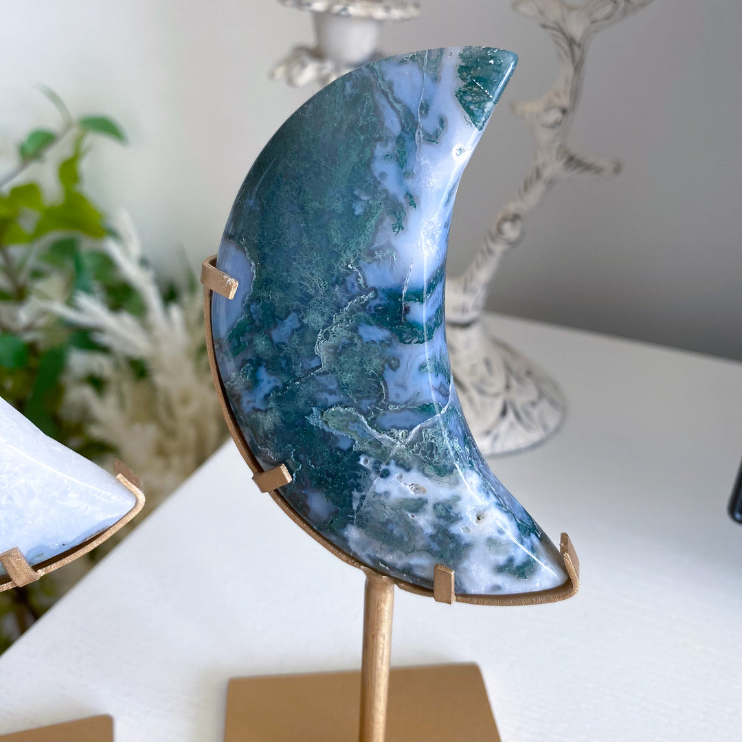 Green Moss Agate Moon on Custom Stand