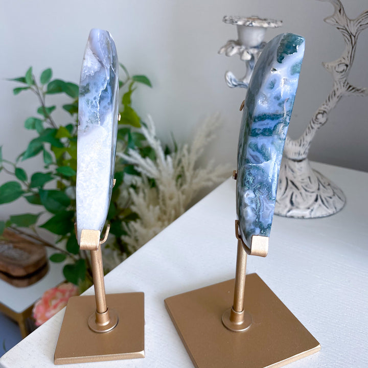 Green Moss Agate Moon on Custom Stand