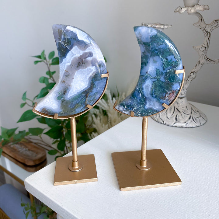 Green Moss Agate Moon on Custom Stand