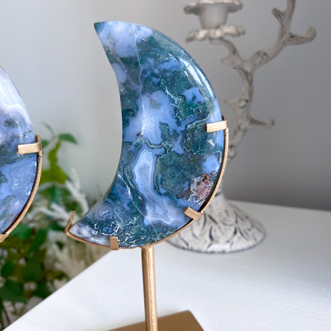 Green Moss Agate Moon on Custom Stand