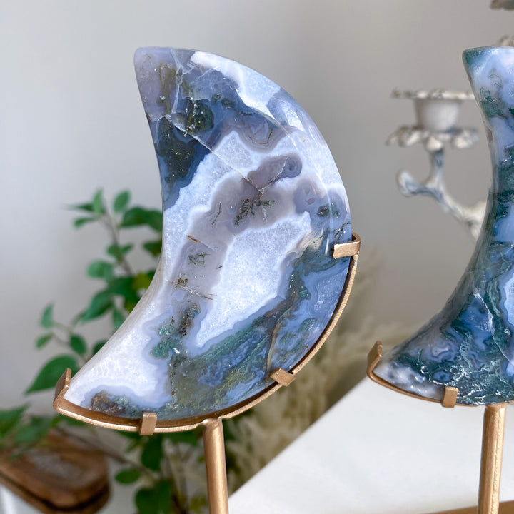 Green Moss Agate Moon on Custom Stand