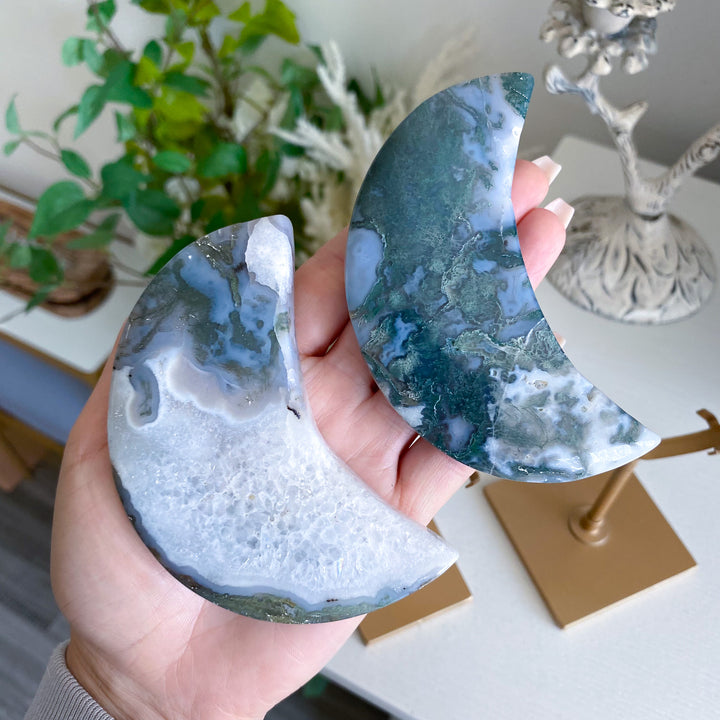 Green Moss Agate Moon on Custom Stand