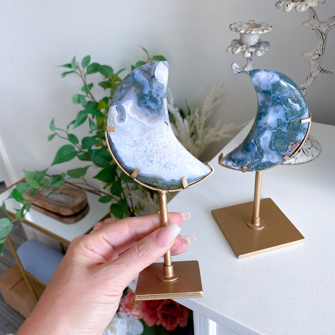 Green Moss Agate Moon on Custom Stand