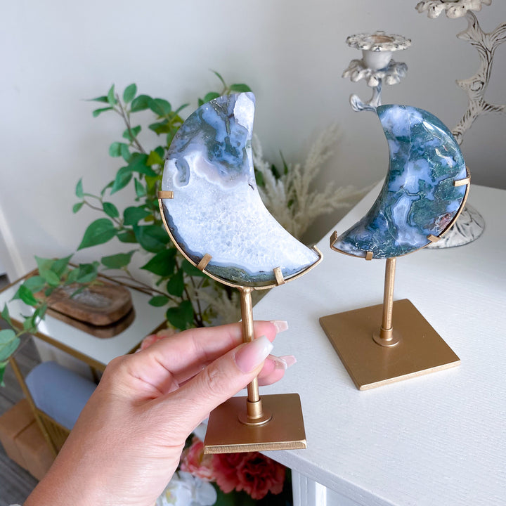 Green Moss Agate Moon on Custom Stand