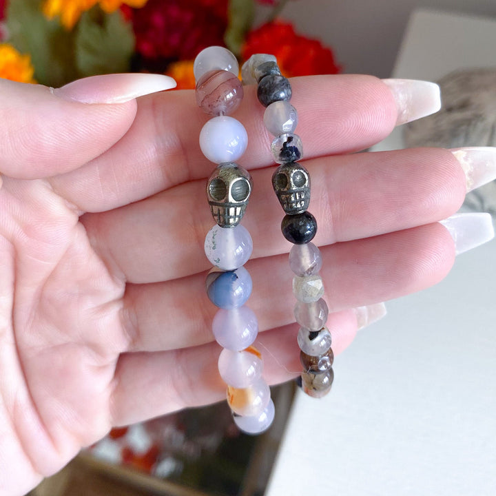 Agate Bracelet with Pyrite Skull - Choose Your Stone