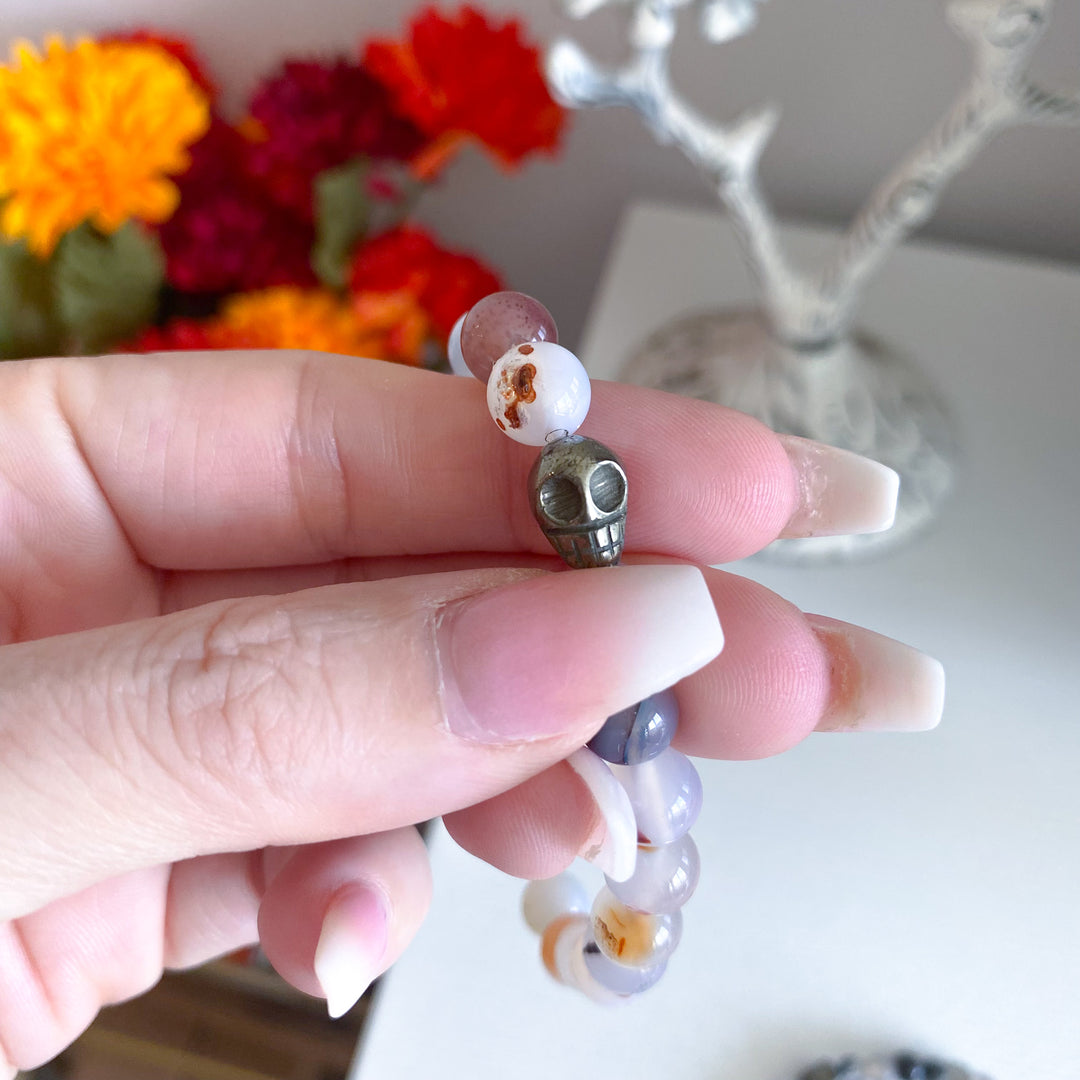 Agate Bracelet with Pyrite Skull - Choose Your Stone