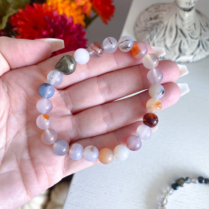 Agate Bracelet with Pyrite Skull - Choose Your Stone
