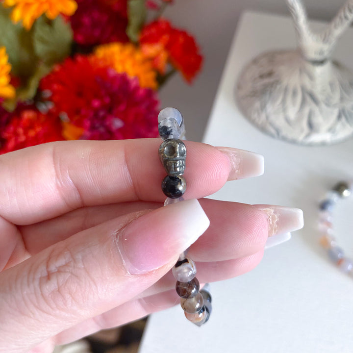 Agate Bracelet with Pyrite Skull - Choose Your Stone