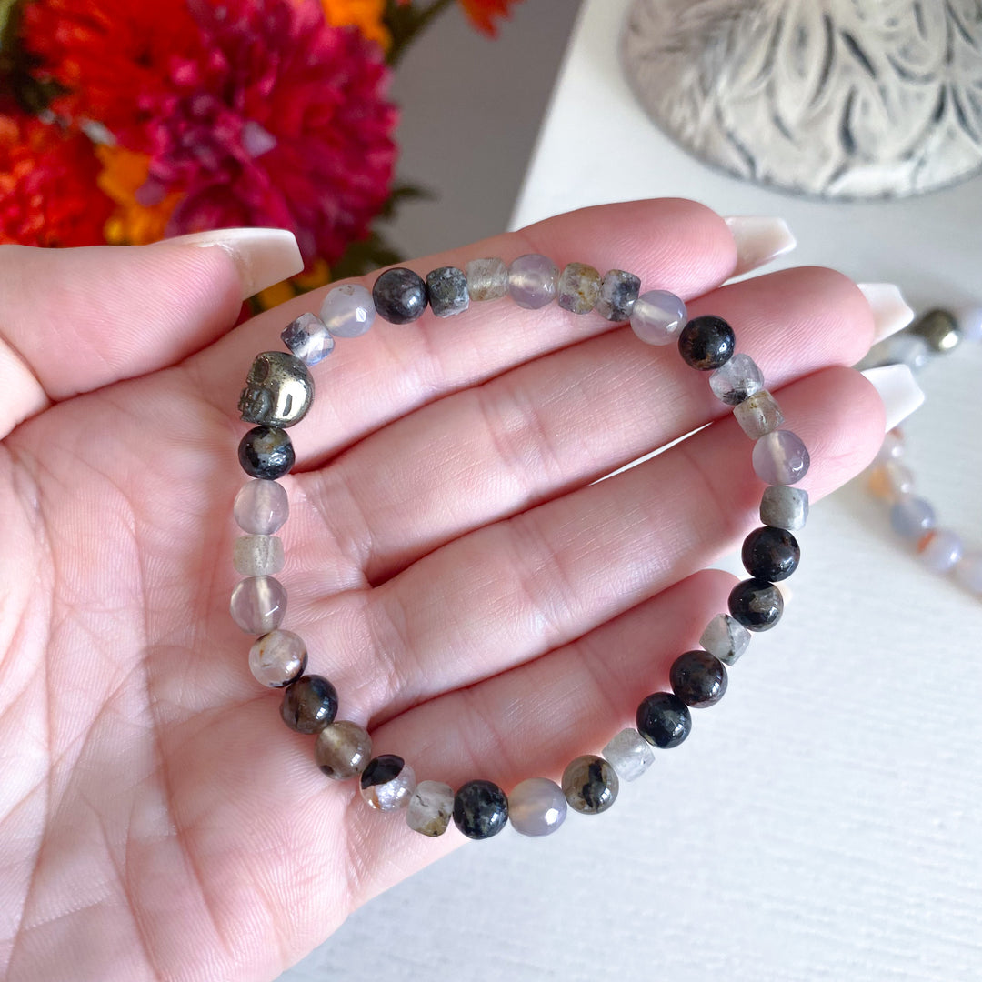 Agate Bracelet with Pyrite Skull - Choose Your Stone