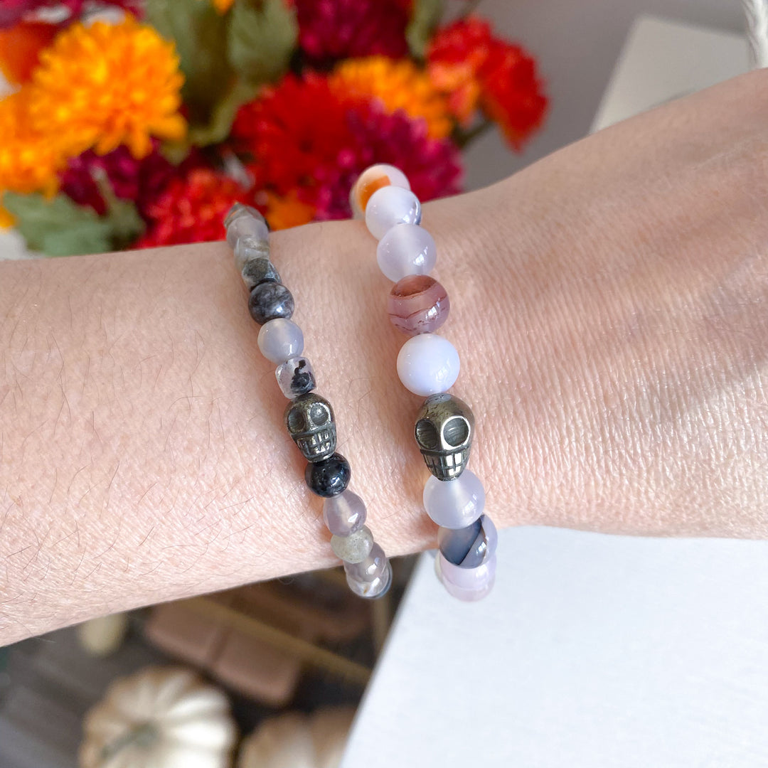 Agate Bracelet with Pyrite Skull - Choose Your Stone