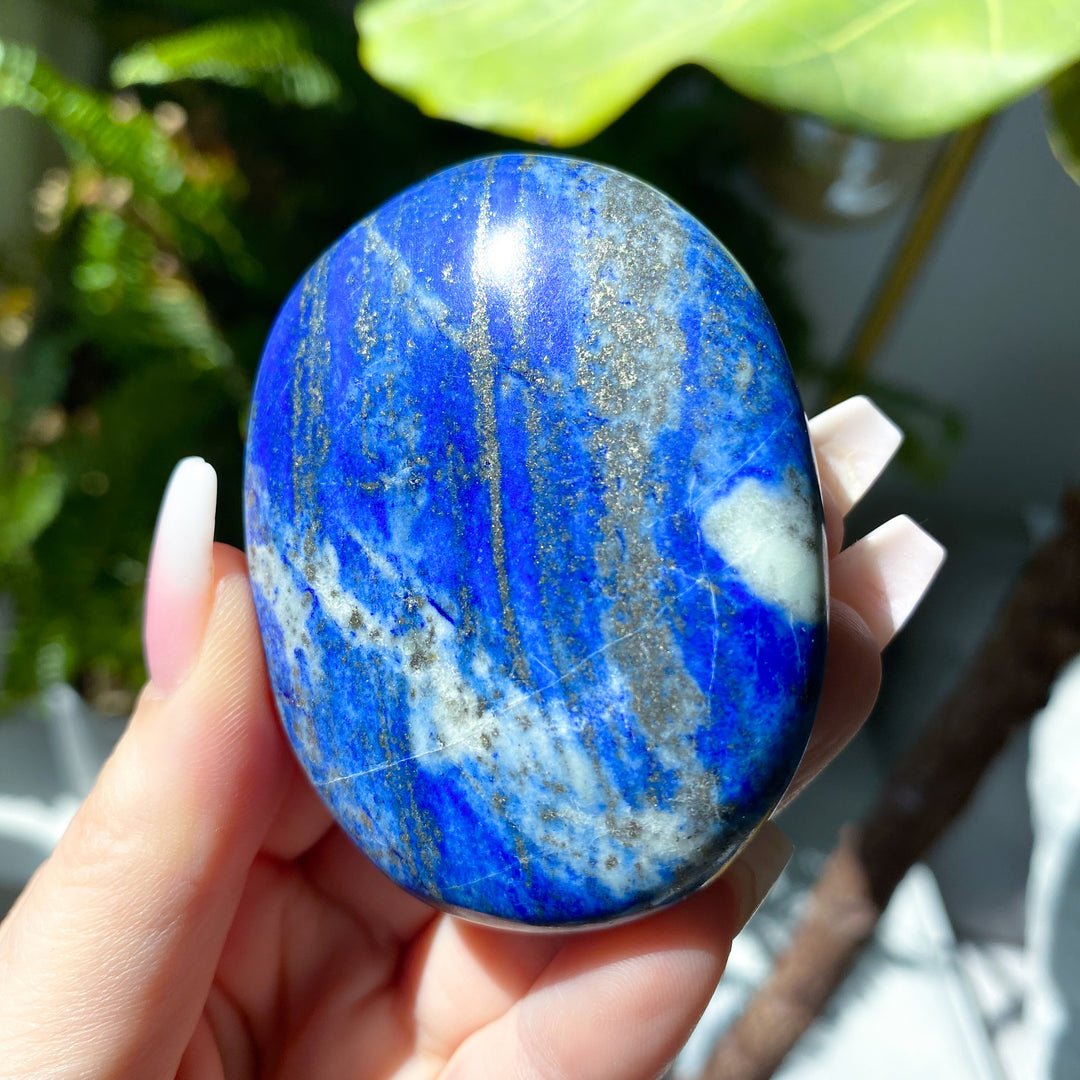 Hand holding a blue and white marbled stone with green leaves in the background