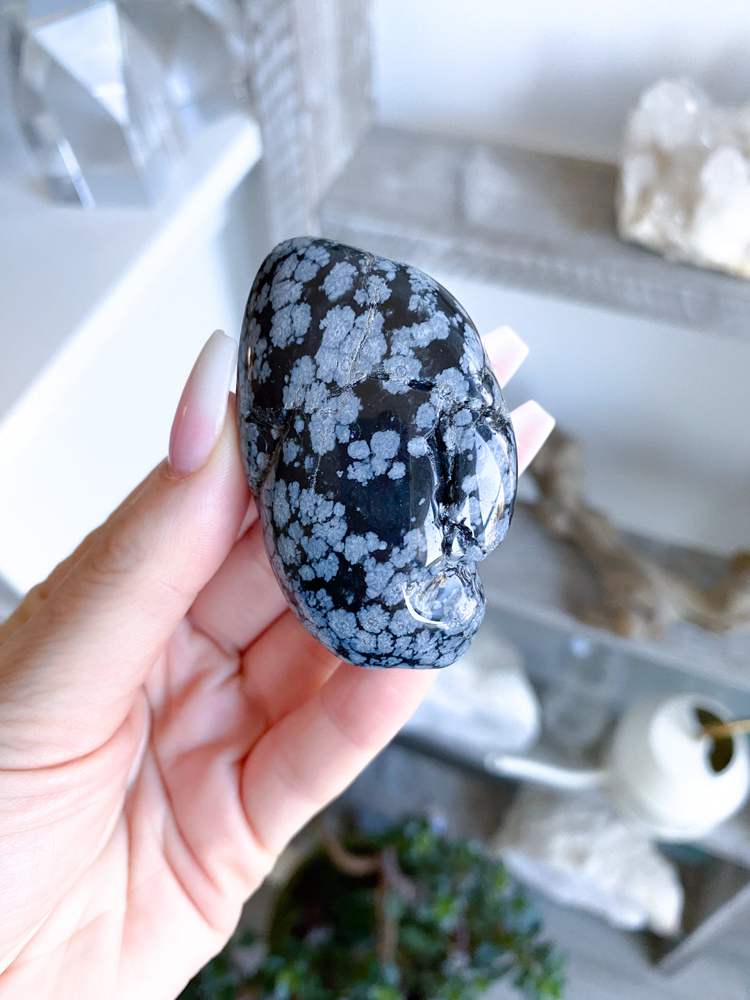Long Snowflake Obsidian Pebble Palm Stone