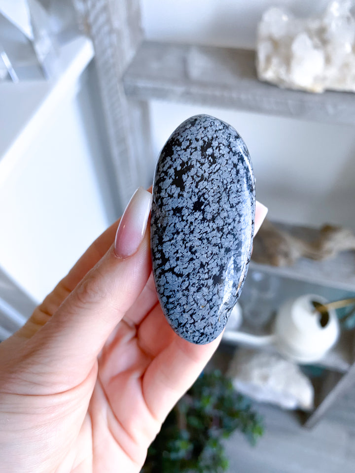 Long Snowflake Obsidian Pebble Palm Stone