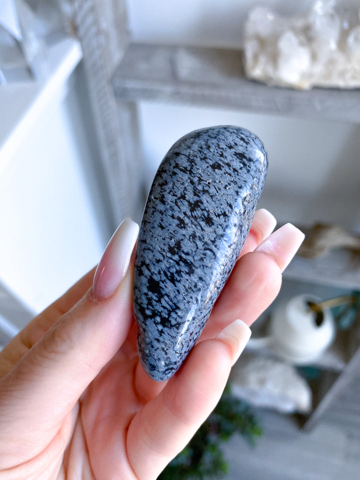 Long Snowflake Obsidian Pebble Palm Stone