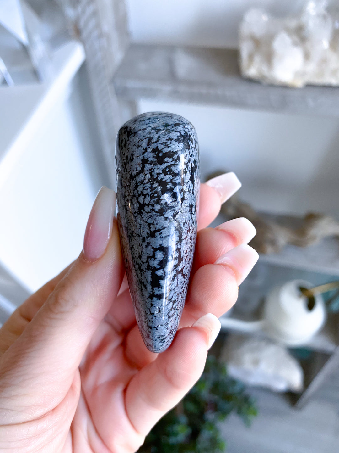 Long Snowflake Obsidian Pebble Palm Stone