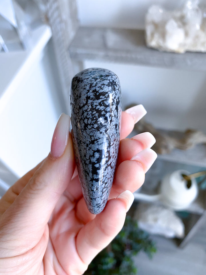 Long Snowflake Obsidian Pebble Palm Stone