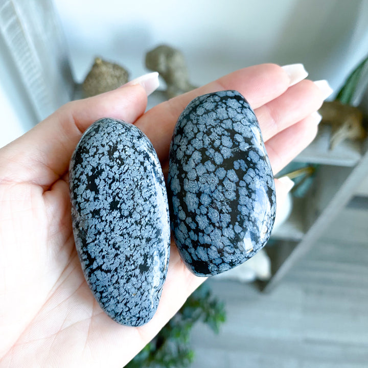 Long Snowflake Obsidian Pebble Palm Stone