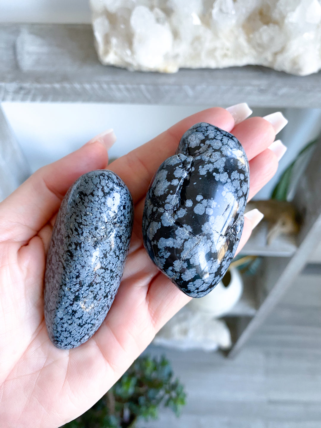 Long Snowflake Obsidian Pebble Palm Stone