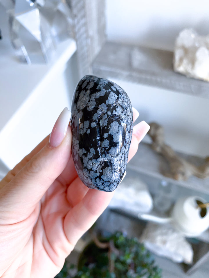 Long Snowflake Obsidian Pebble Palm Stone
