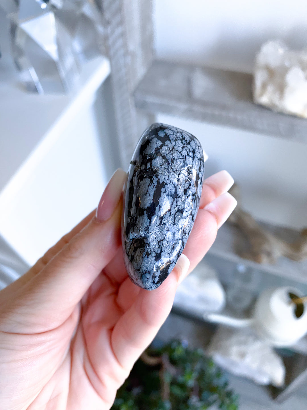 Long Snowflake Obsidian Pebble Palm Stone