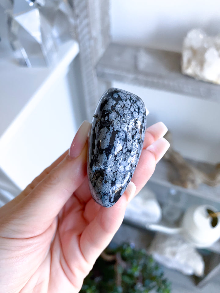 Long Snowflake Obsidian Pebble Palm Stone