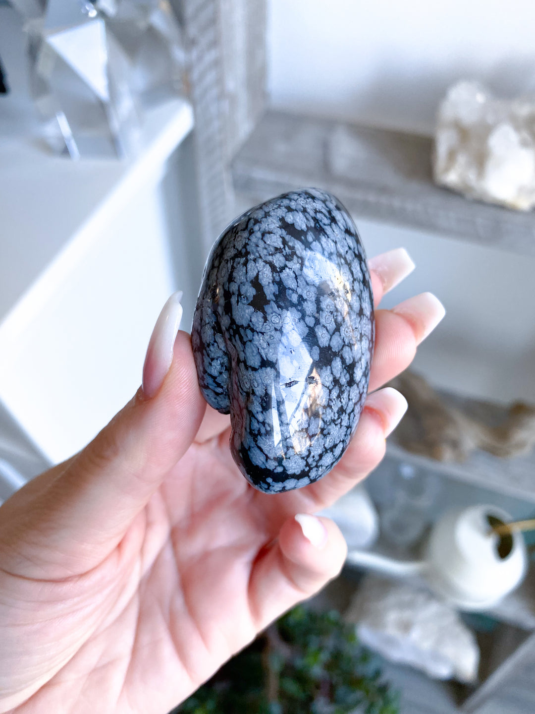 Long Snowflake Obsidian Pebble Palm Stone