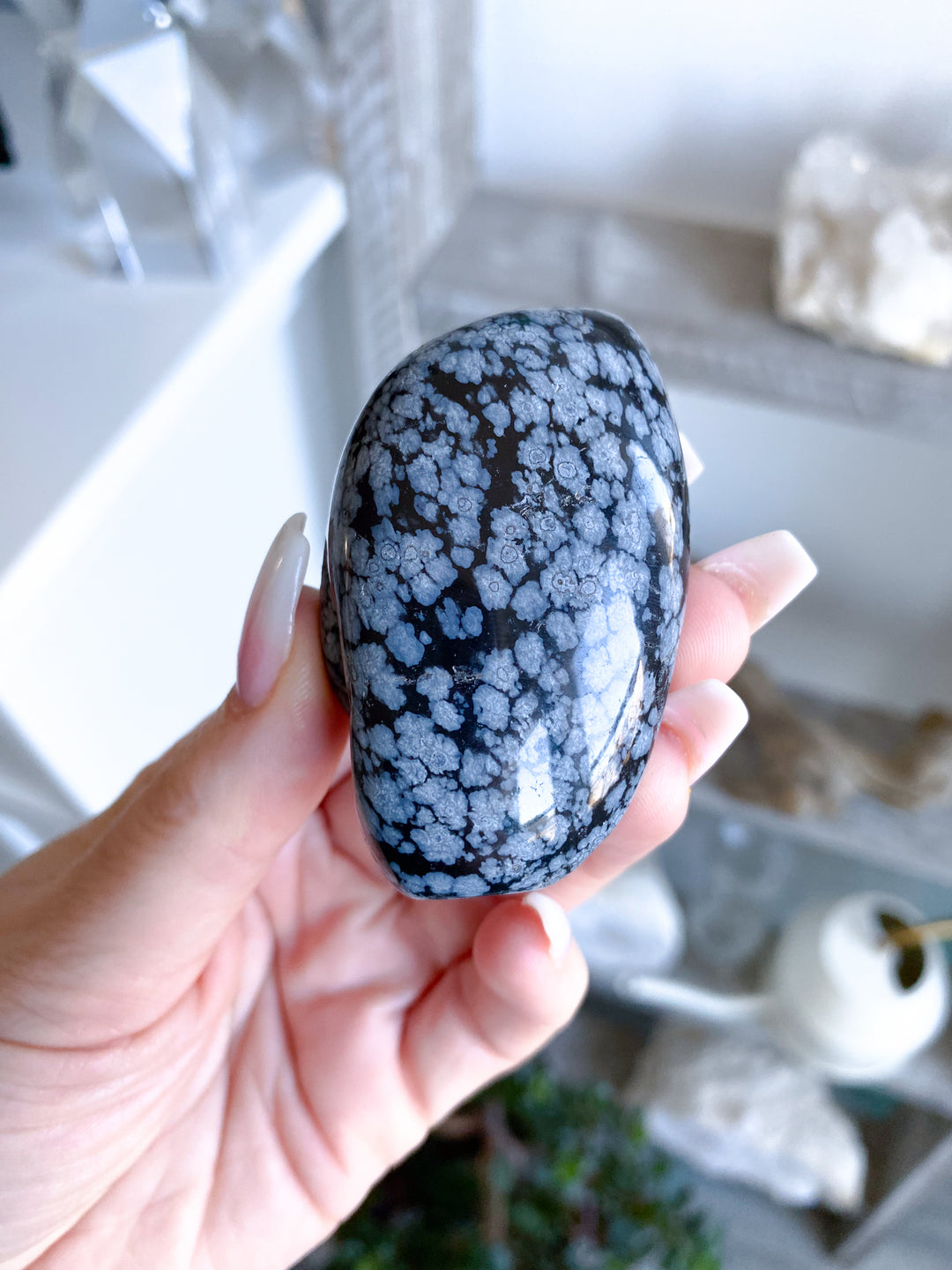 Long Snowflake Obsidian Pebble Palm Stone