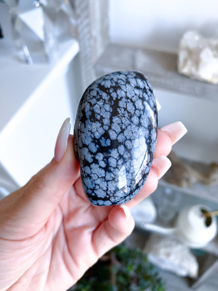 Long Snowflake Obsidian Pebble Palm Stone