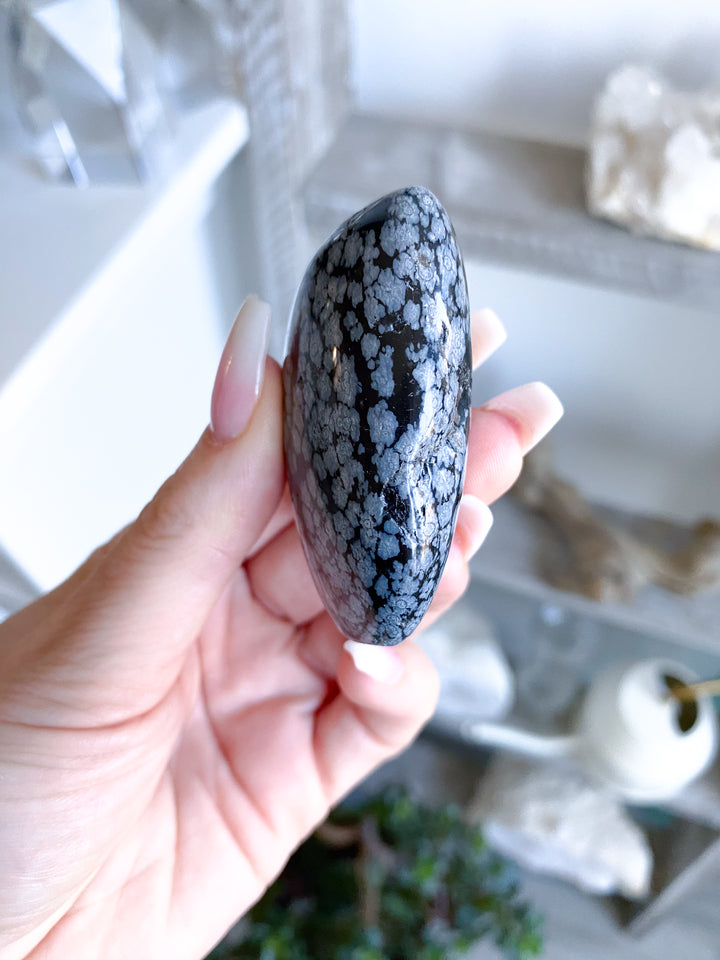 Long Snowflake Obsidian Pebble Palm Stone