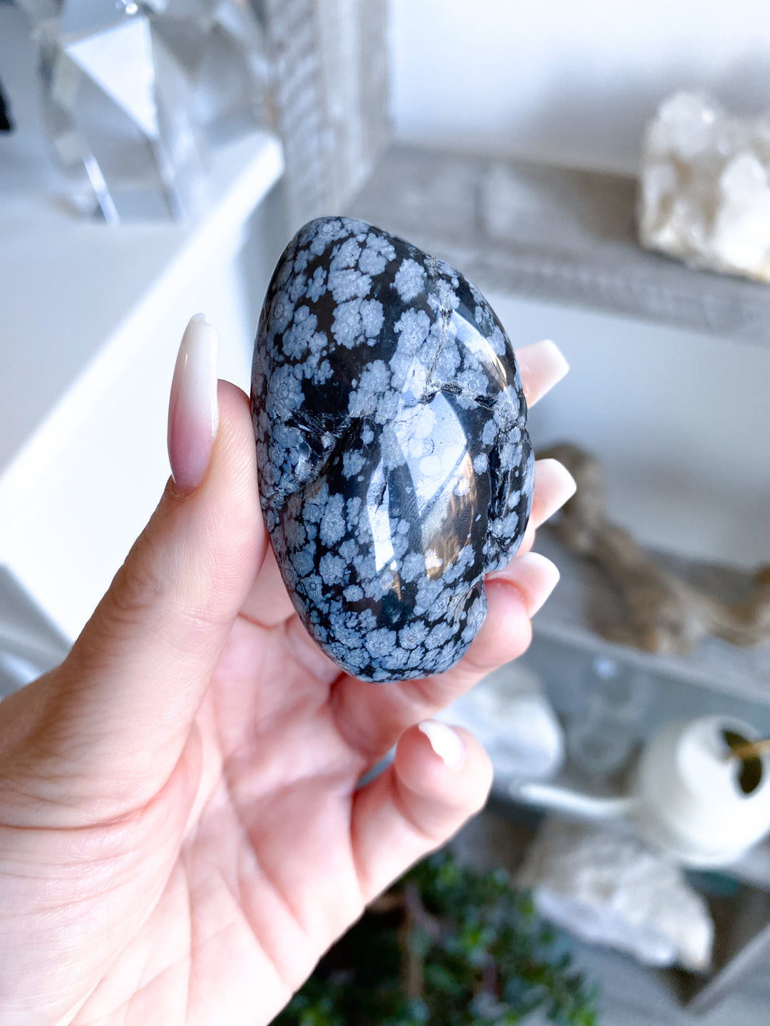 Long Snowflake Obsidian Pebble Palm Stone