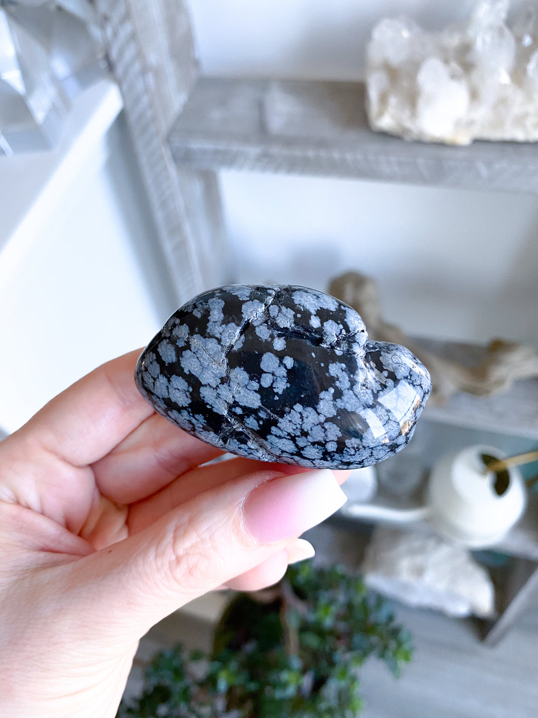 Long Snowflake Obsidian Pebble Palm Stone