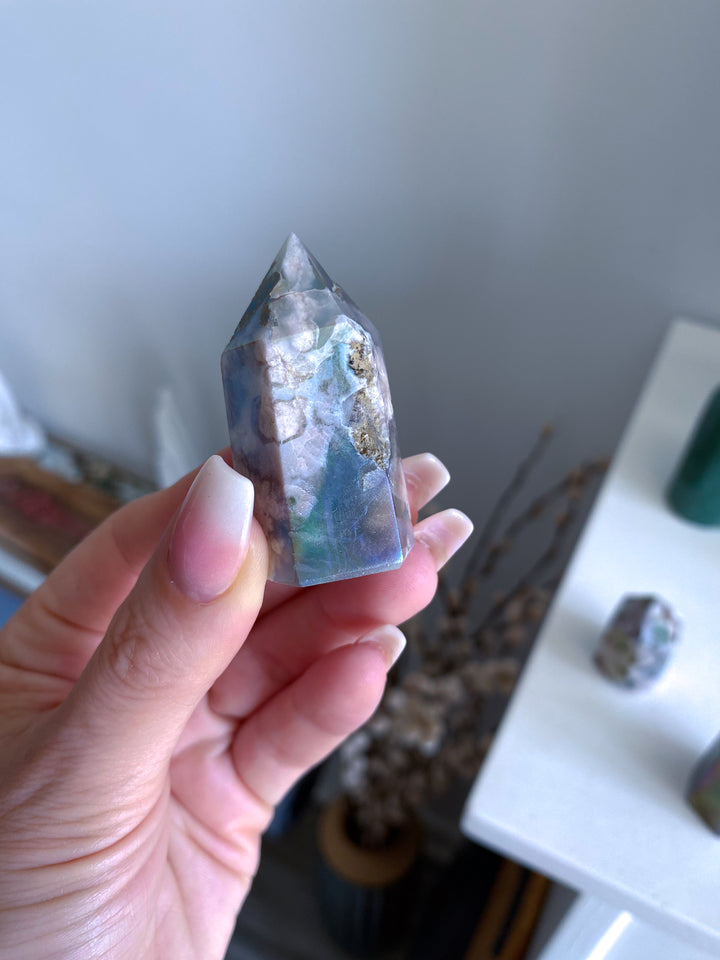 Imperfect Angel Aura Flower Agate Quartz Tower