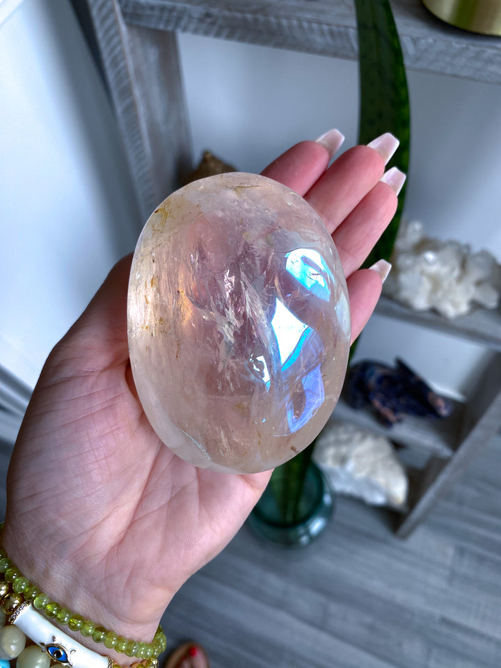 Jumbo Interdimensional Angel Aura Clear Quartz Palm Stone 