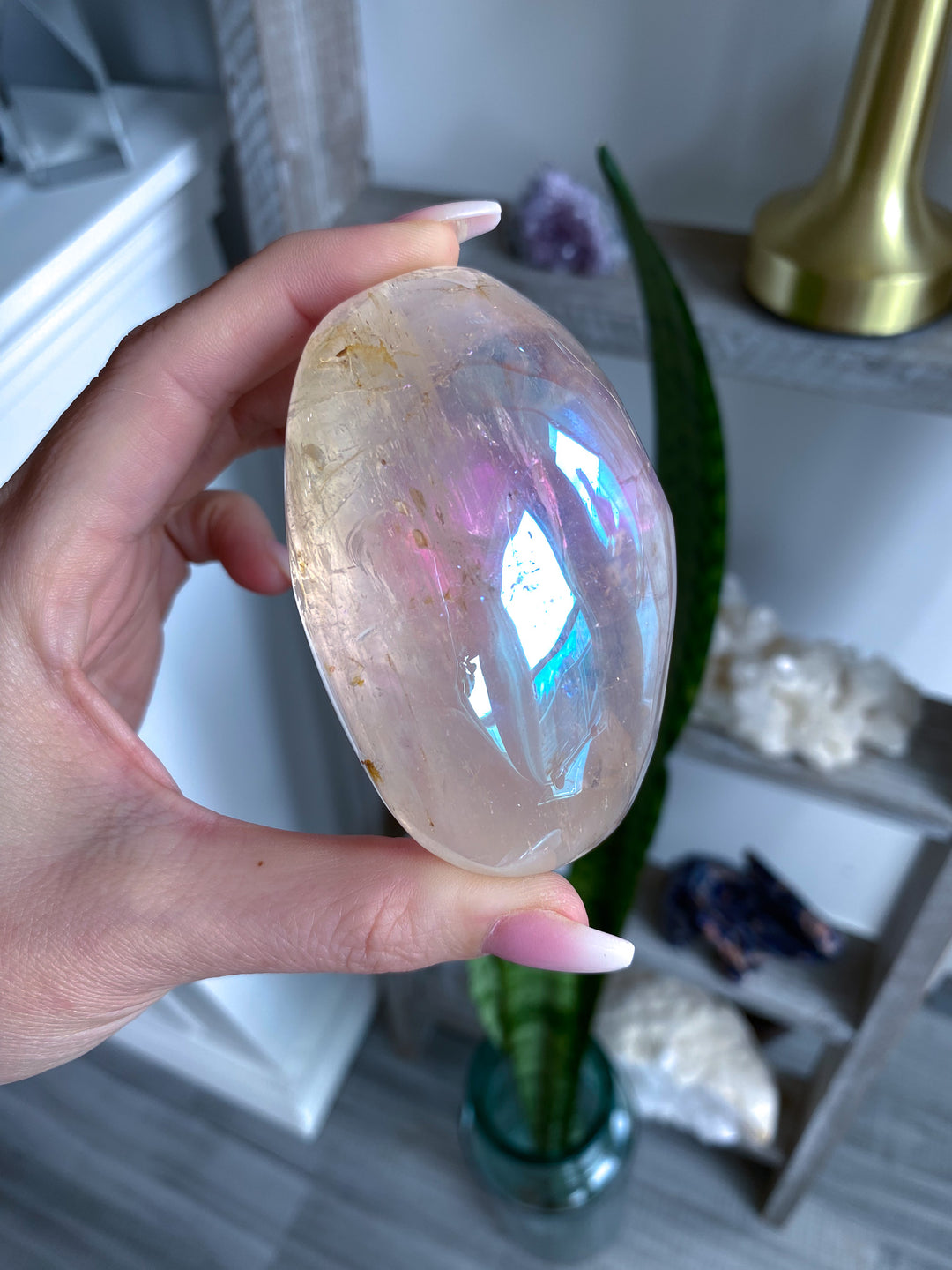 Jumbo Interdimensional Angel Aura Clear Quartz Palm Stone 