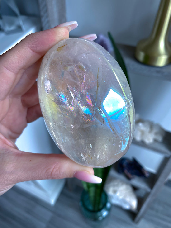 Jumbo Interdimensional Angel Aura Clear Quartz Palm Stone 