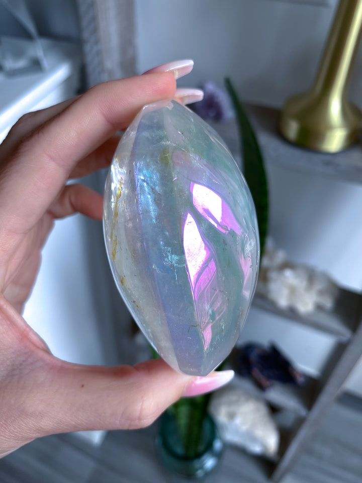 Jumbo Interdimensional Angel Aura Clear Quartz Palm Stone 